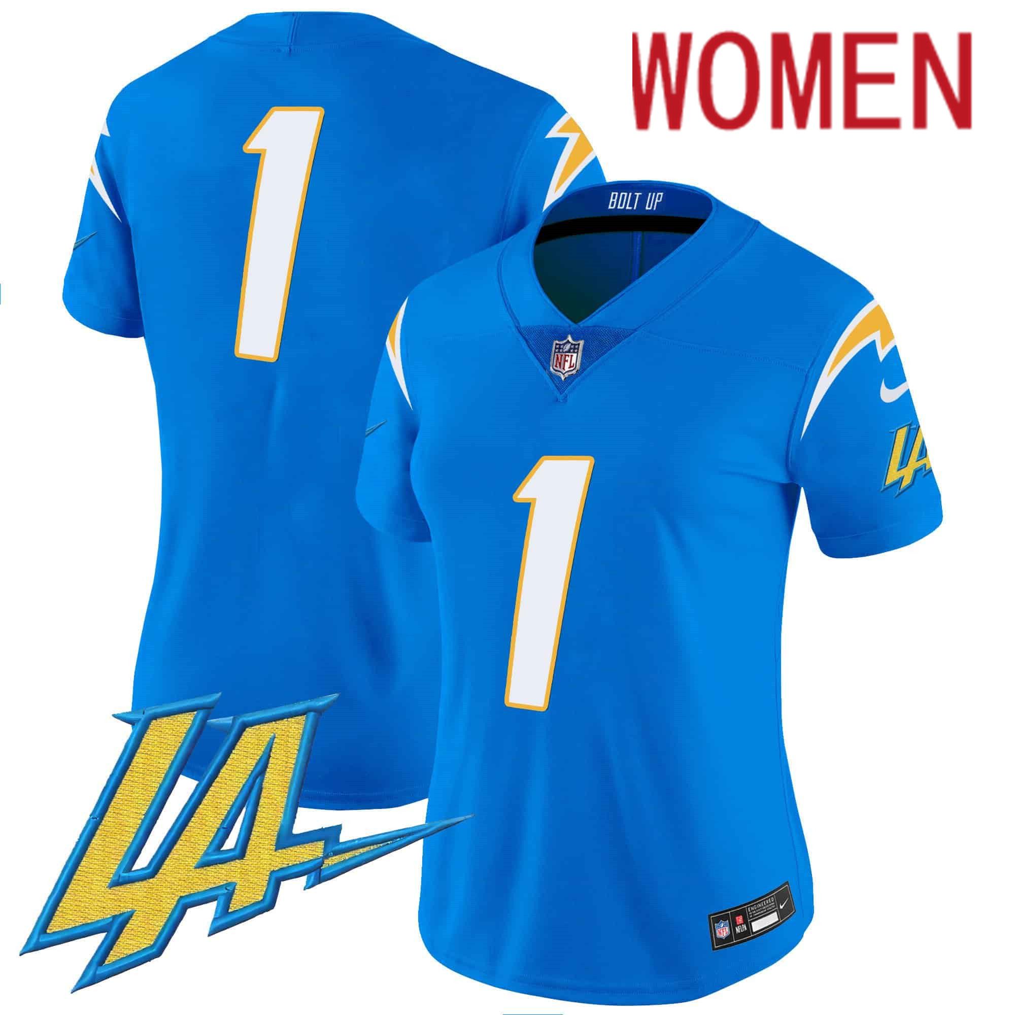 Women Los Angeles Chargers 1 No Name Light Blue 2024 Nike Vapor Limited NFL Jersey style 1